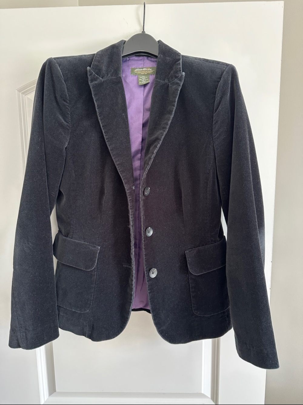 Eddie Bauer Black Velvet Blazer with Purple Lining